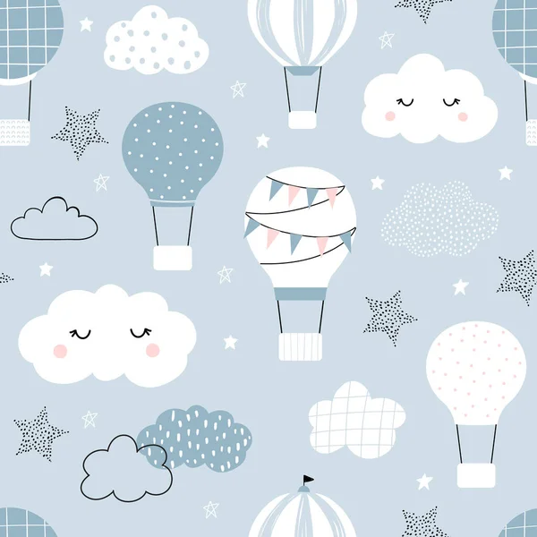 Vector hand-drawn seamless repeating children simple pattern with air balloons, clouds and stars in Scandinavian style on a blue background. Kids seamless pattern with air balloons. Funny transport. — Stock Vector