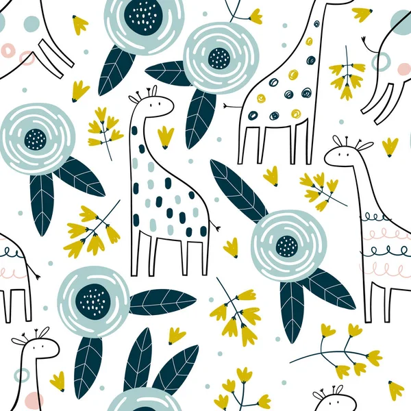 Vetor desenhado à mão colorido infantil sem costura repetindo padrão simples com girafas bonitos e flores em estilo escandinavo em um fundo branco. Bonitos animais bebés. Padrão para crianças com girafas. — Vetor de Stock