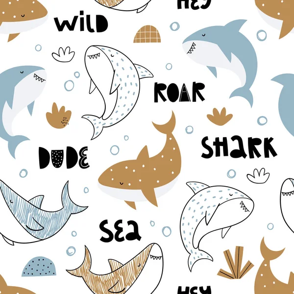 Vector hand-drawn colored childish seamless repeating simple doodle pattern with sharks in scandinavian style on a white background. Cute baby animals. Pattern for kids with sharks. Sea. Underwater. — Stock Vector