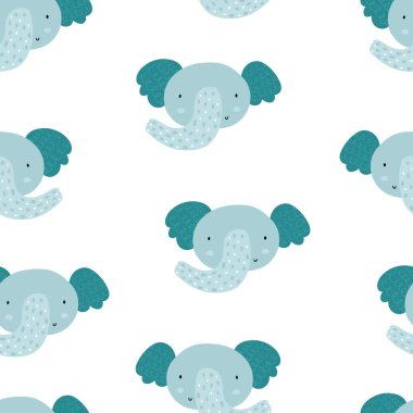 Vektör rengi, beyaz bir arka planda İskandinav tarzında fillerle el yapımı, çocuksu şirin desenleri tekrarlıyor. Şirin hayvanlarla çocuksu bir düzen..