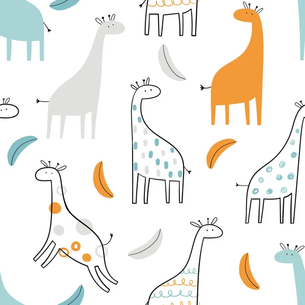 Vector hand-drawn colored childish seamless repeating simple pattern with cute giraffes and bananas in scandinavian style on a white background. Cute baby animals. Pattern for kids with giraffes. — Stock Vector