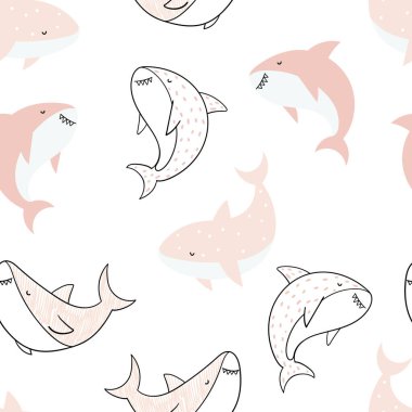 Beyaz arka planda, İskandinav tarzında köpekbalıkları olan basit karalama desenini tekrarlayan, el yapımı, renkli, çocuksu bir vektör. Sevimli bebek hayvanlar. Köpek balıklı çocuklar için bir model. Deniz. Su altında..