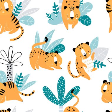 Beyaz arka planda İskandinav tarzı vahşi kediler, bitkiler ve palmiyeler ile el yapımı kusursuz, çocuksu desenler. Kaplanlar ve jaguarlarla yazdır. Orman hayvanları.