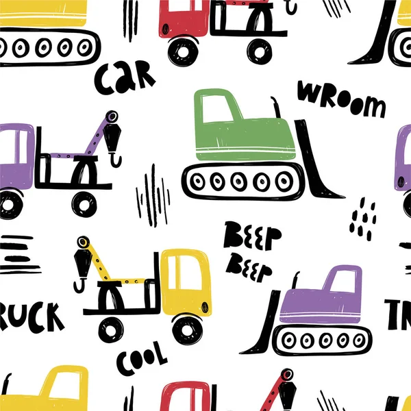Vector-handgezeichnete nahtlos wiederholte Kinder einfache Muster mit Autos im skandinavischen Stil auf weißem Hintergrund. Kinder nahtlose Muster mit Baugeräten. Lustiger Baustellenverkehr — Stockvektor