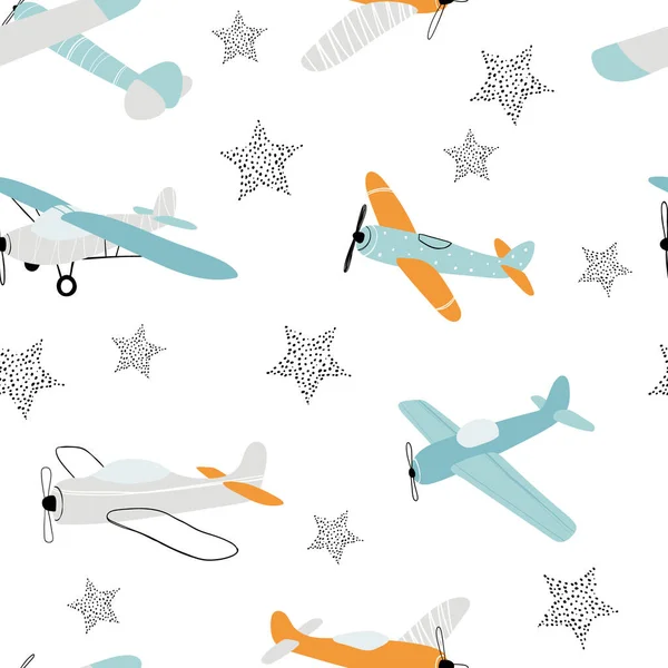 Vector handgezeichnet nahtlos wiederholende Kinder einfache Muster mit Flugzeugen und Sternen im skandinavischen Stil auf weißem Hintergrund. Kids nahtlose Muster mit Flugzeugen. Lustige Flugzeuge. — Stockvektor