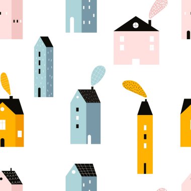 Beyaz arka planda İskandinav tarzında şirin evleri olan, el yapımı, kusursuz, çocuksu, basit desenleri tekrarlayan bir vektör. Evlerde çocuksu, pürüzsüz bir düzen. Şehre. Evler. Mimari.