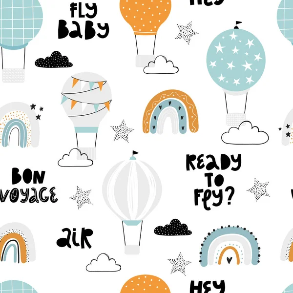 Vector hand-drawn seamless repeating children simple pattern with air balloons, clouds and rainbows in Scandinavian style on a white background. Kids pattern with air balloons. Funny transport. — Stock Vector