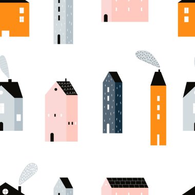 Beyaz arka planda İskandinav tarzında şirin evleri olan, el yapımı, kusursuz, çocuksu, basit desenleri tekrarlayan bir vektör. Evlerde çocuksu, pürüzsüz bir düzen. Şehre. Evler. Mimari.