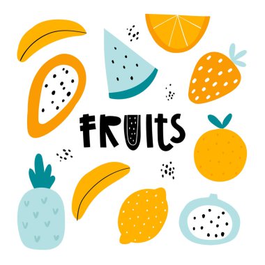 Beyaz arka planda sevimli komik meyvelerin vektör karikatür çizimi. Meyveli tropikal çocuklar. Muz, ananas, limon, çilek, papaya, portakal, karpuz.