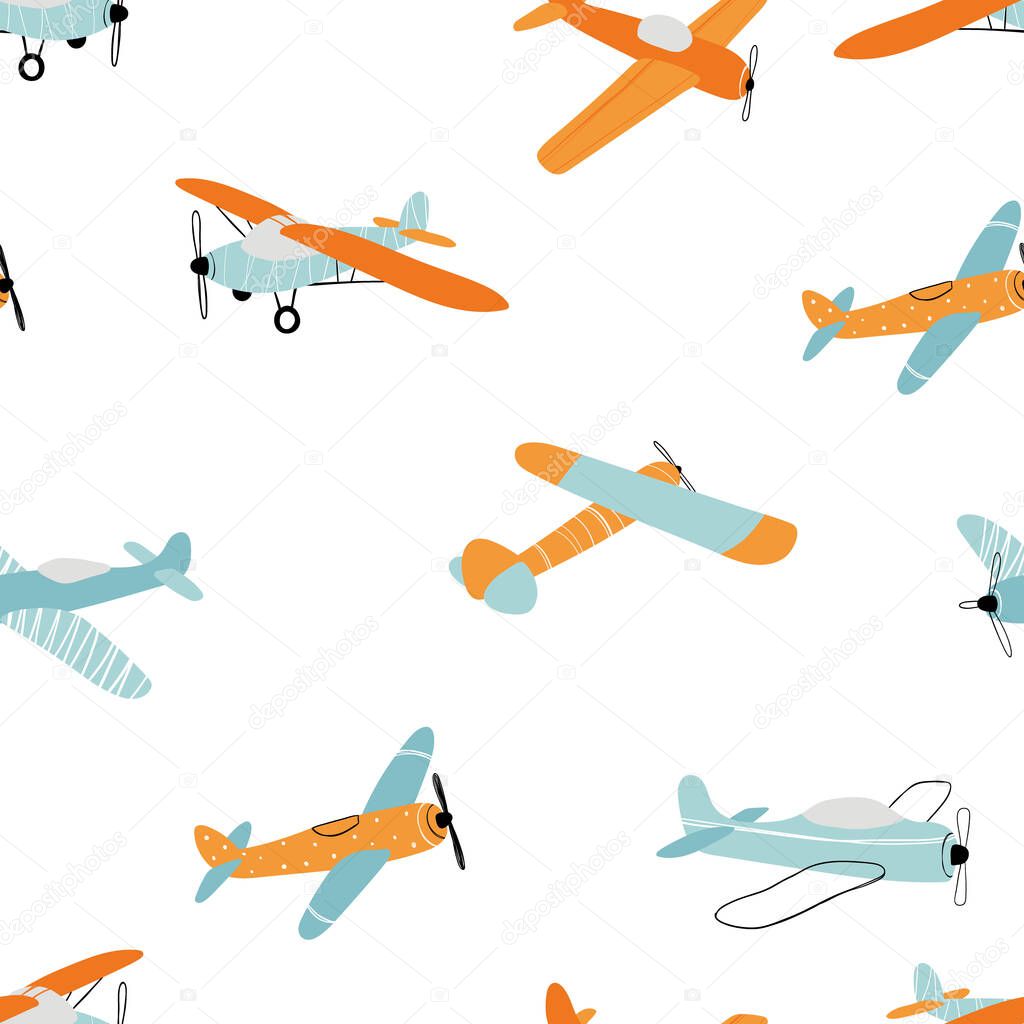 Vector hand-drawn seamless repeating children simple pattern with aircraft in Scandinavian style on a white background.Kids seamless pattern with planes. Funny airplanes. Trendy vector background.