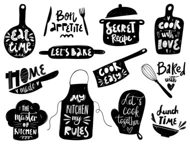 Beyaz arka planda elle yazılmış vektör pişirme harfleri. Mutfak eşyası siluetiyle vektör pişirme harfleri. Aşçılık dersleri, kurslar, yemek stüdyosu, kafe, restoran için tasarım konsepti.