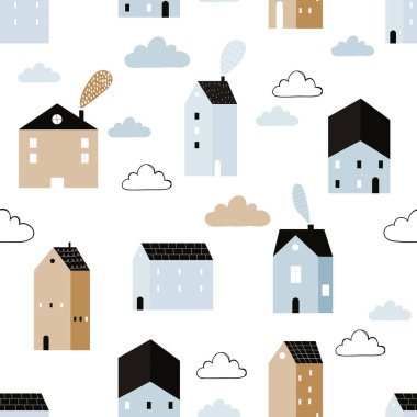 Beyaz arka planda İskandinav tarzında şirin evler ve bulutlar olan el yapımı, kusursuz, çocuksu, basit desenleri tekrarlayan vektör. Şehre. Evler. Mimari.