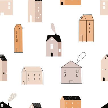 Beyaz arka planda İskandinav tarzında şirin evleri olan, el yapımı, kusursuz, çocuksu, basit desenleri tekrarlayan bir vektör. Evlerde çocuksu, pürüzsüz bir düzen. Şehre. Evler. Mimari.