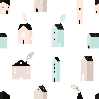Beyaz arka planda İskandinav tarzında şirin evleri olan, el yapımı, kusursuz, çocuksu, basit desenleri tekrarlayan bir vektör. Evlerde çocuksu, pürüzsüz bir düzen. Şehre. Evler. Mimari.
