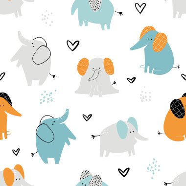 Beyaz arka planda İskandinav tarzıyla ve şirin fillerle basit düz desenleri tekrarlayan el çizimi çocuksu bir vektör. Sevimli bebek hayvanlar. Çocuklar için desen.