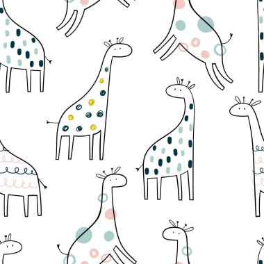 Beyaz arka planda, İskandinav tarzı şirin zürafalar ile el yapımı, el yapımı, kusursuz, basit, tekrarlayan bir model. Sevimli bebek hayvanlar. Zürafalı çocuklar için bir model. Çocuk tasarımı.