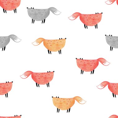 Beyaz arka planda kırmızı tilkiler ve el çizimi şirin, kusursuz renk yineleyici desen. Tilkilerle sevimli çocuksu bir düzen. Çocuklar için kalem izi. Moda İskandinav baskısı.