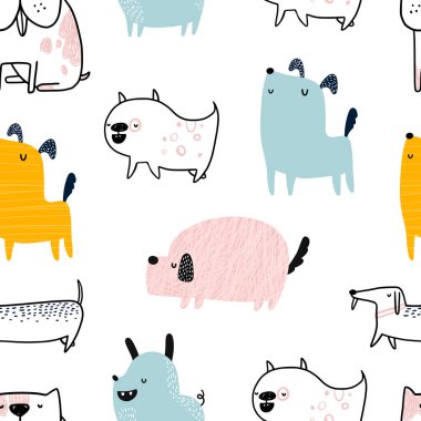 Beyaz arka planda İskandinav tarzında şirin köpekler olan el yapımı, kusursuz, çocuksu, basit deseni tekrarlayan bir vektör. Moda İskandinav vektör geçmişi. Köpekler basar. Sevimli hayvanlar. Evcil hayvanlar.