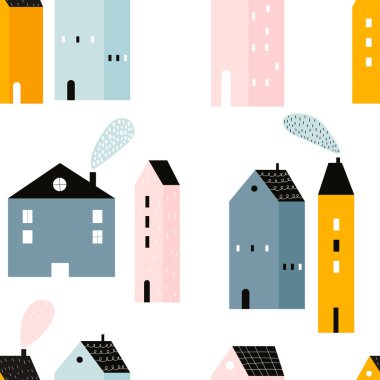Beyaz arka planda İskandinav tarzında şirin evleri olan, el yapımı, kusursuz, çocuksu, basit desenleri tekrarlayan bir vektör. Evlerde çocuksu, pürüzsüz bir düzen. Şehre. Evler. Mimari.