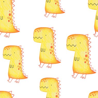 Beyaz arka planda İskandinav tarzında karalamalar ve sevimli dinozorlar olan el yapımı, kusursuz çocuk desenleri. Dinozorlarla bebek deseni. Sevimli bebek hayvanlar..