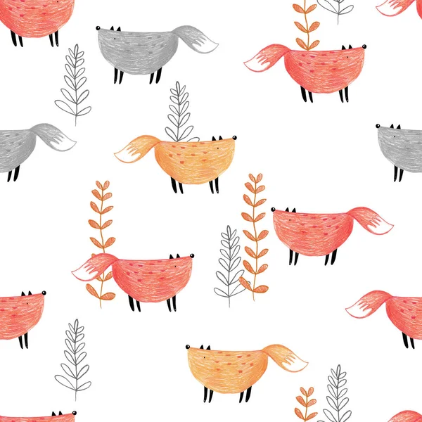 Cute seamless repeating color hand-drawn pattern with foxes on a white background. Cute childish pattern with foxes. Pencil drawn print for kids. Trendy scandinavian print.