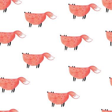 Beyaz arka planda kırmızı tilkiler ve el çizimi şirin, kusursuz renk yineleyici desen. Tilkilerle sevimli çocuksu bir düzen. Çocuklar için kalem izi. Moda İskandinav baskısı.