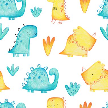 Beyaz arka planda İskandinav tarzında şirin dinozorlar ve bitkiler olan el yapımı, kusursuz çocuk desenleri. Dinozorlarla bebek deseni. Sevimli bebek hayvanlar..