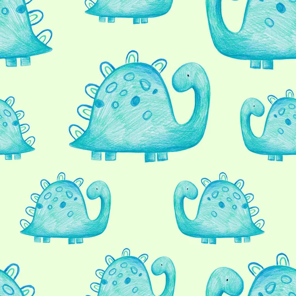 Pencil hand-drawn colored seamless repeating children pattern with cute dinosaurs in Scandinavian style on a green background. Baby pattern with dinosaurs. Cute baby animals.