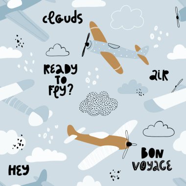 Elle çizilmiş kusursuz çocuklar, İskandinav tarzında uçak, harf ve bulutlarla basit desenli, mavi bir arka plan. Uçaklarda kusursuz bir model. Komik uçaklar..
