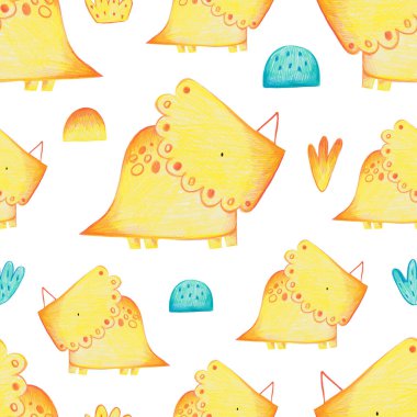 Beyaz arka planda İskandinav tarzında karalamalar ve sevimli dinozorlar olan el yapımı, kusursuz çocuk desenleri. Dinozorlarla bebek deseni. Sevimli bebek hayvanlar..