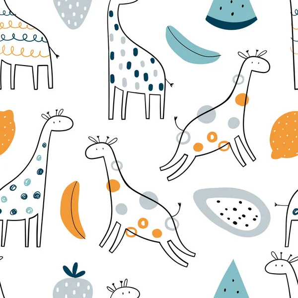 Vettore disegnato a mano colorato infantile senza soluzione di continuità ripetendo semplice modello con simpatiche giraffe e frutta in stile scandinavo su uno sfondo bianco. Carini gli animaletti. Modello per bambini con giraffe. — Vettoriale Stock