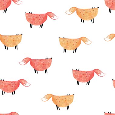 Beyaz arka planda tilkiler olan, kusursuz renkli el çizimi desenler. Tilkilerle sevimli çocuksu bir düzen. Çocuklar için kalem izi. Moda İskandinav baskısı.