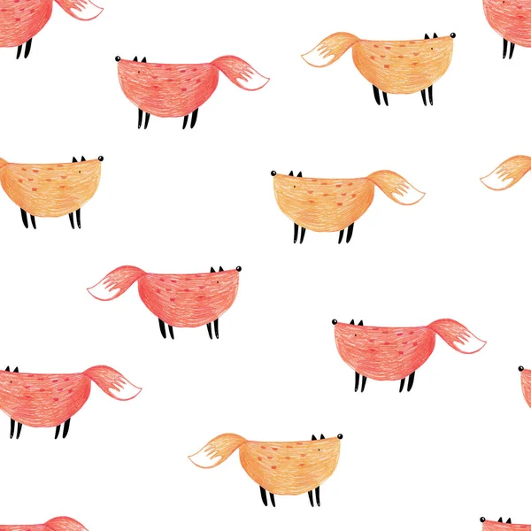 Cute seamless repeating color hand-drawn pattern with foxes on a white background. Cute childish pattern with foxes. Pencil drawn print for kids. Trendy scandinavian print.