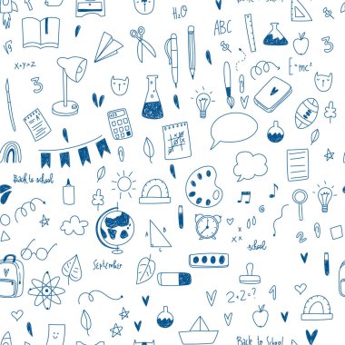 Tekstil kumaş tasarımı, ambalaj kağıdı ve web sitesi duvar kağıtları için kusursuz vektör modeline geri dönüyoruz. Okul gereçleri ve yaratıcı unsurlarla komik, pürüzsüz bir düzen. Kalem çizimi arka planı.