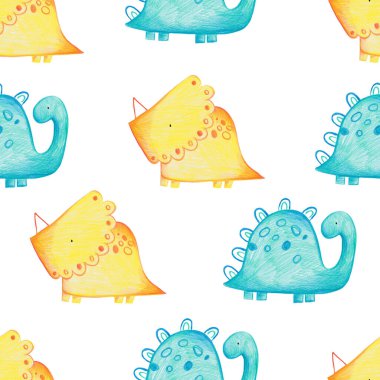 Beyaz arka planda İskandinav tarzında karalamalar ve sevimli dinozorlar olan el yapımı, kusursuz çocuk desenleri. Dinozorlarla bebek deseni. Sevimli bebek hayvanlar..