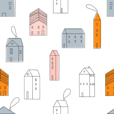 Beyaz arka planda İskandinav tarzında şirin evleri olan, el yapımı, kusursuz, çocuksu, basit desenleri tekrarlayan bir vektör. Evlerde çocuksu, pürüzsüz bir düzen. Şehre. Evler. Mimari.