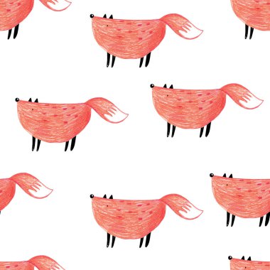 Beyaz arka planda kırmızı tilkiler ve el çizimi şirin, kusursuz renk yineleyici desen. Tilkilerle sevimli çocuksu bir düzen. Çocuklar için kalem izi. Moda İskandinav baskısı.