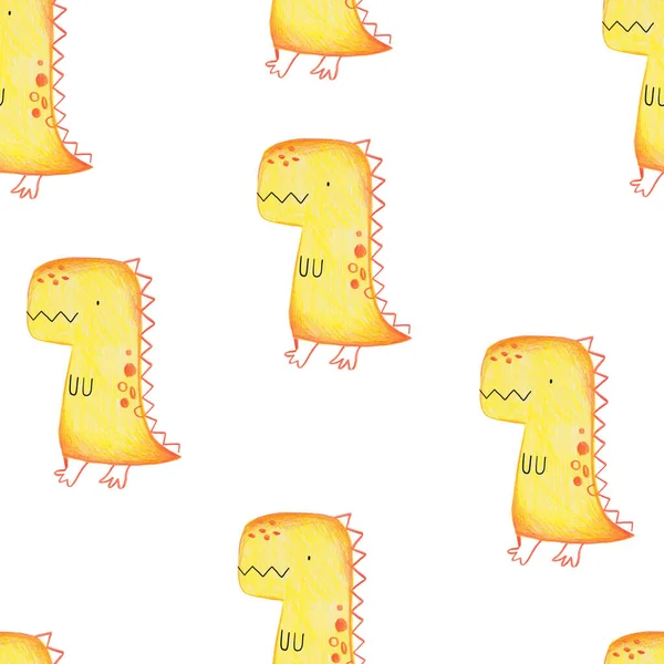 Pencil hand-drawn colored seamless repeating children pattern with cute dinosaurs and doodles in Scandinavian style on a white background. Baby pattern with dinosaurs. Cute baby animals.