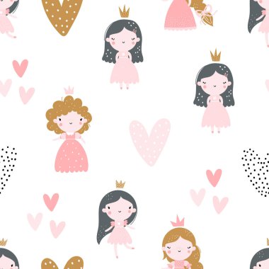 Beyaz arka planda taçlandırılmış bir elbise giymiş şirin prenseslerle el çizimi, kusursuz ve tekrarlanmayan çocuklar. Kumaş, ambalaj, tekstil, duvar kağıdı için yaratıcı çocuk dokusu.
