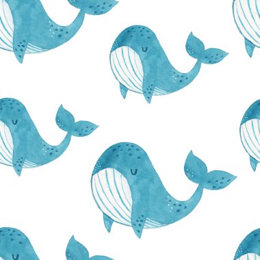 Beyaz arka planda balinalar olan suluboya şirin bir el çizimi. Çocuksu tarzda suluboya dokusu kumaş ve tekstil için harikadır, duvar kağıtları, arka planlar için. Su altında..