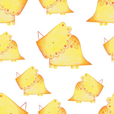 Beyaz arka planda İskandinav tarzında şirin sarı dinozorlar olan el yapımı, kusursuz çocuk desenleri. Dinozorlarla bebek deseni. Sevimli bebek hayvanlar..