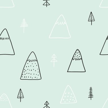 Mavi arka planda sevimli dağlar ve ağaçlar olan kusursuz bir şablon. Şirin bir dağ geçmişi var. Doğa. Manzara. Kumaş, ambalaj, tekstil, duvar kağıdı için yaratıcı çocuk dokusu.