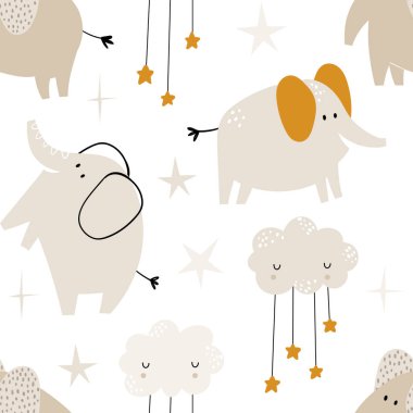 Beyaz arka planda İskandinav tarzında şirin filler, bulutlar ve yıldızlarla el yapımı, el yapımı, çocuksu, pürüzsüz, düz desenleri tekrarlayan bir model. Sevimli bebek hayvanlar. Çocuklar için desen.