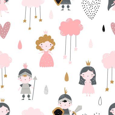 Beyaz arka planda şirin prensesler, kalpler, şövalyeler ve bulutlar olan el yapımı, kusursuz bir şablon. Kumaş, ambalaj, tekstil, duvar kağıdı için yaratıcı çocuk dokusu.