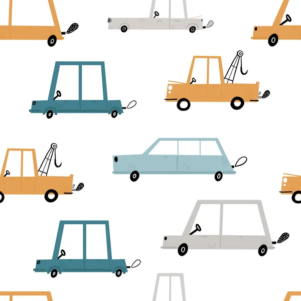 Vector handgezeichnete Farbe nahtlos wiederholen Kinder einfaches Muster mit niedlichen Autos im skandinavischen Stil auf weißem Hintergrund. Kinder mit Autos. Verkehr. Straße — Stockvektor