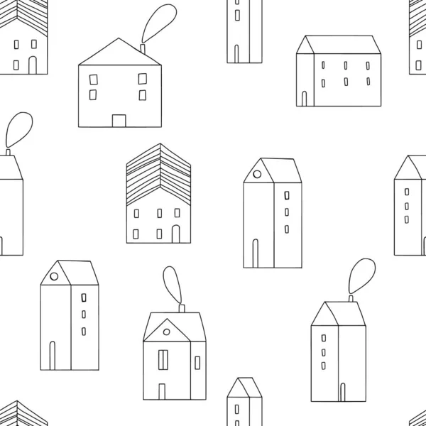 矢量手绘无缝重复幼稚的简单图案，白色背景的斯堪的纳维亚风格可爱的房子。孩子般的无缝图案与房子。城市。房子。建筑. — 图库矢量图片