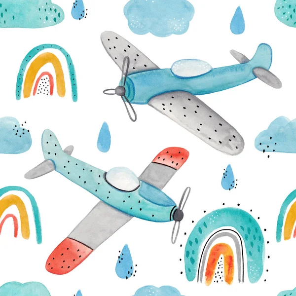 Watercolor cute hand-drawn seamless children simple pattern with aircraft, rainbows, clouds and drops on a white background. Kids seamless pattern with planes. Funny airplanes. Trendy background.