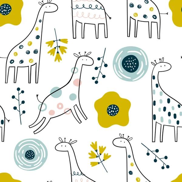 Vetor desenhado à mão colorido infantil sem costura repetindo padrão simples com girafas bonitos e flores em estilo escandinavo em um fundo branco. Bonitos animais bebés. Padrão para crianças com girafas. — Vetor de Stock