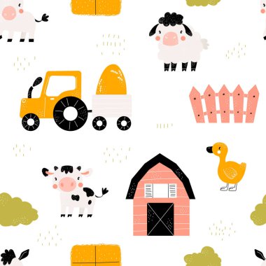 Şirin çiftlik hayvanlarıyla el yapımı, kusursuz, çocuksu, basit bir model. Çiftlik düzeni. Güzel manzara arka planı. Moda İskandinav vektör geçmişi çocuk giyim, kumaş ve tekstil için mükemmel