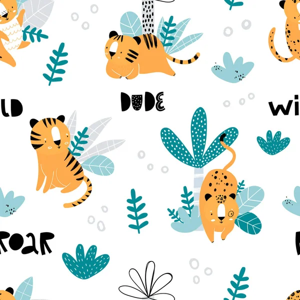 Vector met de hand getekend naadloos herhalende kleur kinderachtig patroon met wilde katten, planten en palmen in Scandinavische stijl op een witte achtergrond. Print met tijgers en jaguars. Jungledieren. — Stockvector